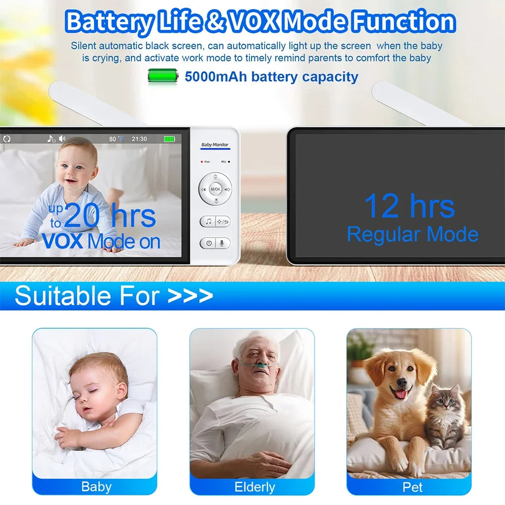 No WiFi 7 Inch Baby Monitor 2-Way Audio Night Vision 4X Zoom  Wireless Kids Protection Surveillance Video Camera 5000mAh Battery