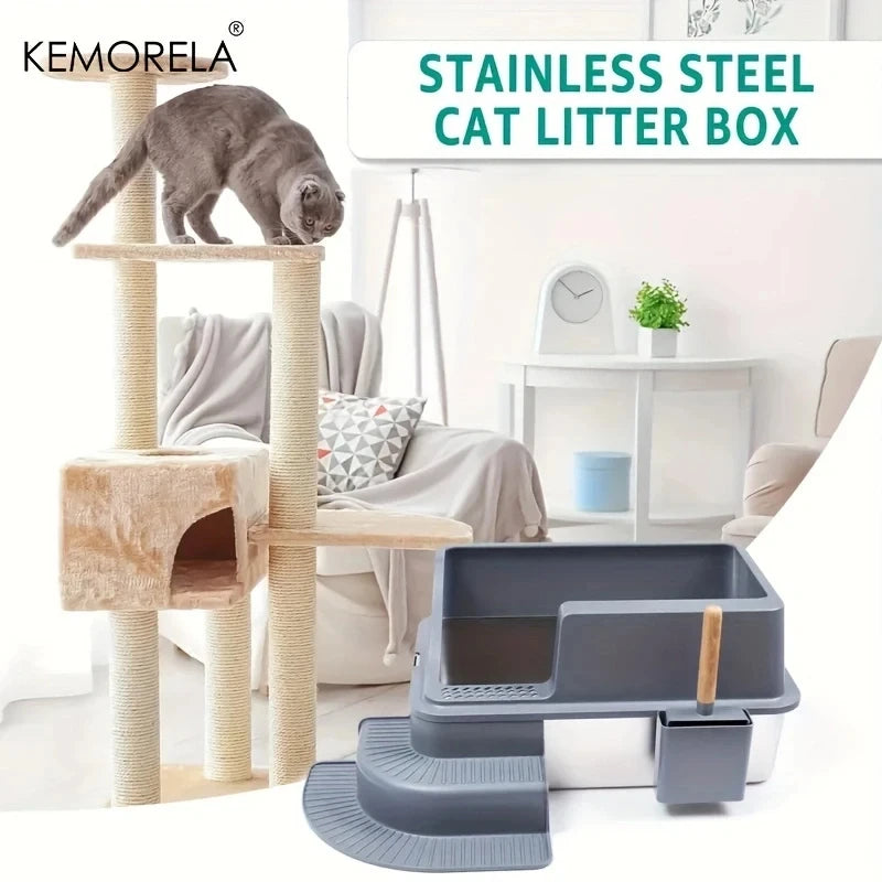 Extra Large 20L Stainless Steel Cat Litter Box - Splash-Proof Easy to Clean Odorless Toilet - ZOOMNSTORE