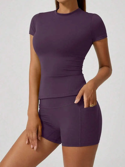Women's Sweet Sports Short Sleeve High Waist Tummy Control Butt Lifting Shorts Set