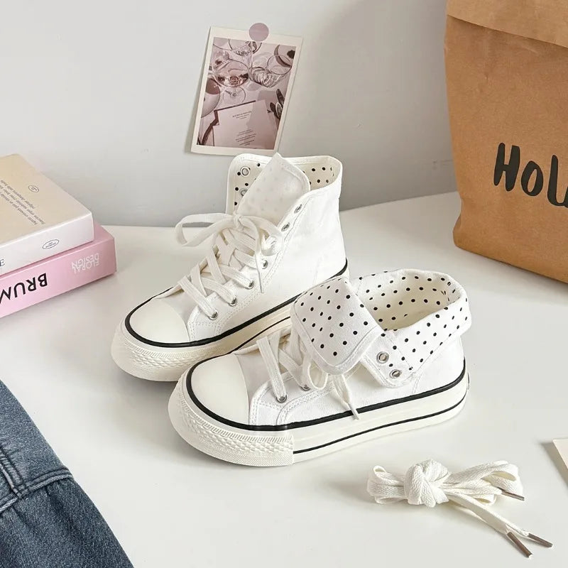 Women's High Top Platform Canvas Sneakers Polka Dot Foldable Collar Lace Up Breathable Korean Style Casual Shoes Fall 2026
