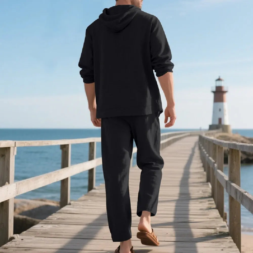New Spring and Autumn Style Loose Men's Hoodie Set, Linen Material Beach Casual Two-Piece Suit