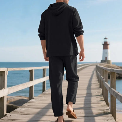 New Spring and Autumn Style Loose Men's Hoodie Set, Linen Material Beach Casual Two-Piece Suit