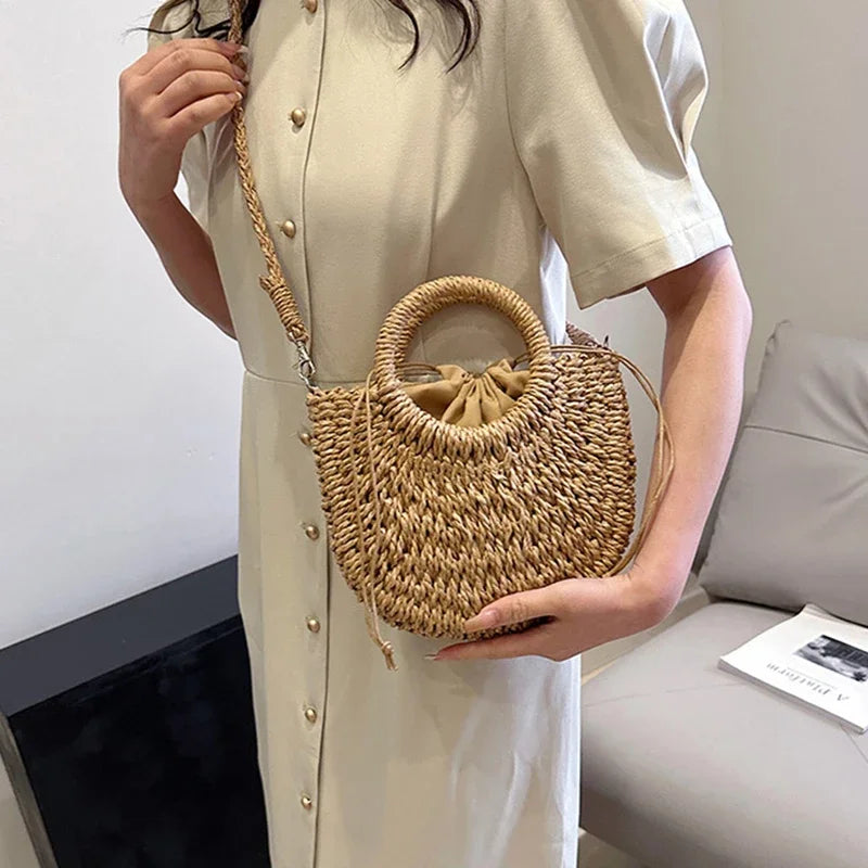Straw Rattan Handbag – Large Capacity Half Moon Purse | Hollow Out Shoulder Bag