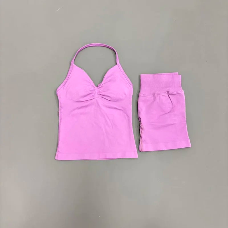 2Pcs HISTELLO Yoga Set Women Halter Tank Top Scrunch Butt Lifting Shorts Ruched Anti Chafe Quick Dry Gym Workout Sports Set