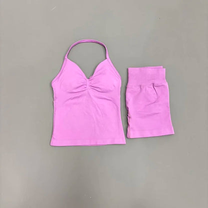 2Pcs HISTELLO Yoga Set Women Halter Tank Top Scrunch Butt Lifting Shorts Ruched Anti Chafe Quick Dry Gym Workout Sports Set