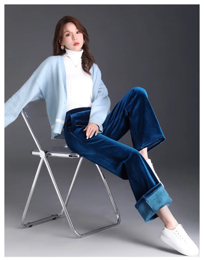 Korean style blue velvet wide leg pants for women in spring and autumn, high-end fashion, loose fit, plus size casual pants