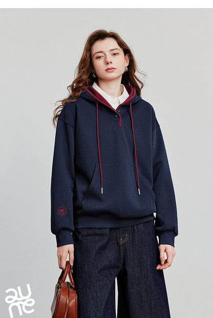 TOYOUTH Women Hoodies Sweatshirt 2025 Autumn New Contrasting Color Embroidery Splicing Hooded Pullover Tops
