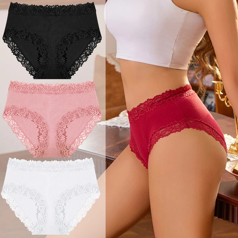 3PCS/Set Women Cotton Panties Lace Low Waist Briefs Trendy Patchwork Lace Intimate Underwear Stretch Comfortable Ladies Lingerie