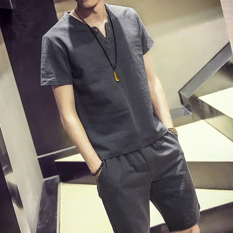 Linen Cotton T-shirt Men's Set Chinese Style Short Sleeve Sportswear +trousers 2 Piece Sets Summer Men Tracksuit Solid Suit