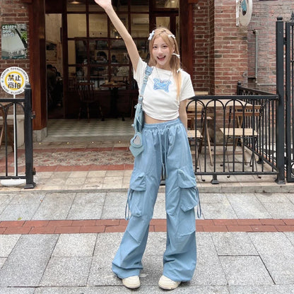 Blue Sweet Embroidered Casual Trousers Women Japanese Versatile Trend Summer High Waist Loose Multi Pocket Wide Leg Cargo Pants