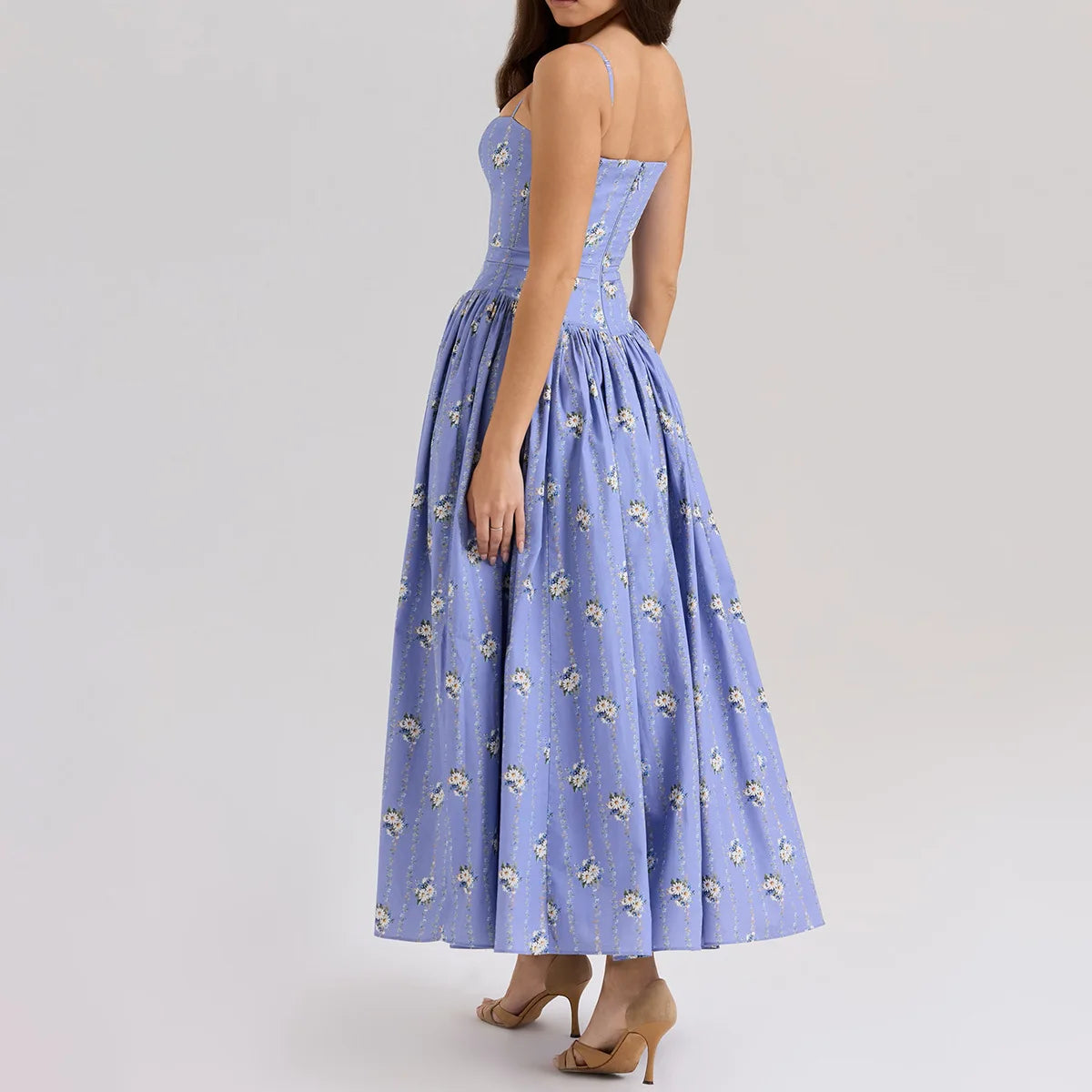 Summer Midi Dress - Women's Floral Print Elegant Camisole Fit and Flare Holiday Dress
