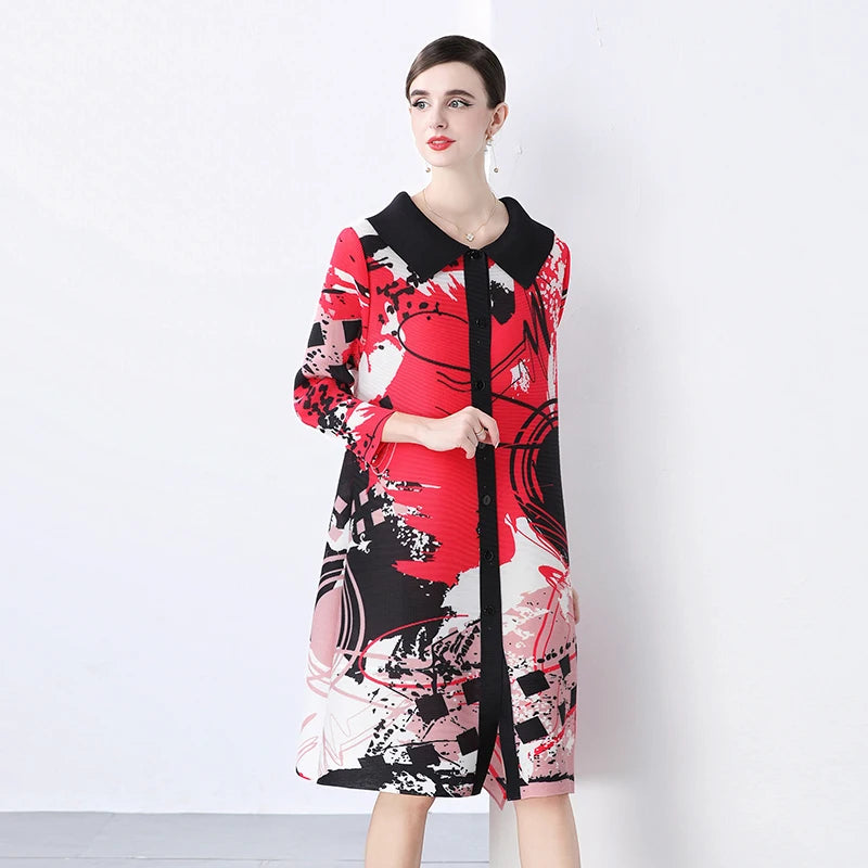 Miyake Pleated Drape Dress Women 2024 Spring Summer Colorblock Printing Lapel 3/4 Sleeve Single-breasted Fashion Shirt Dresses
