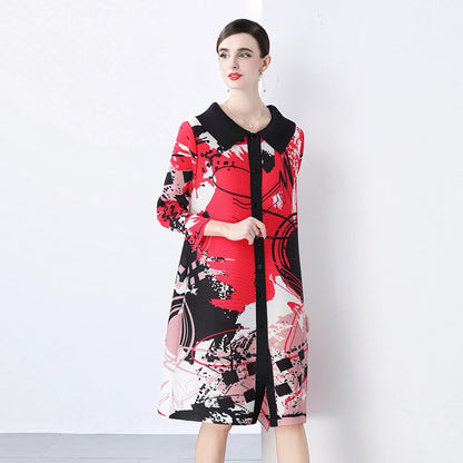 Miyake Pleated Drape Dress Women 2024 Spring Summer Colorblock Printing Lapel 3/4 Sleeve Single-breasted Fashion Shirt Dresses