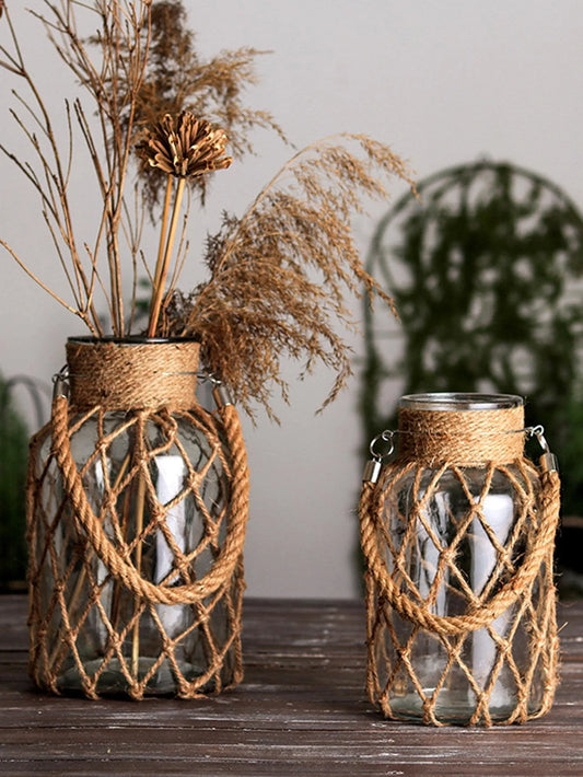 Hand Woven Hemp Rope Glass Vase - Boho Nordic Dry Flower Decor