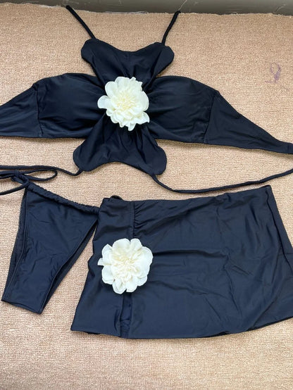 3 Piece Bikini Set - Halter Neck Floral Swimwear With Skirt & Wire Free Support