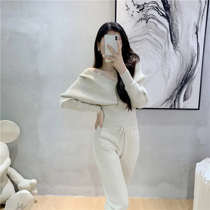 Elegant Tracksuit Sexy Two Piece Set Women Korean Style Ribbed Knitted Backless Top And Long Harem Pant Suit Autumn Outfits y2k
