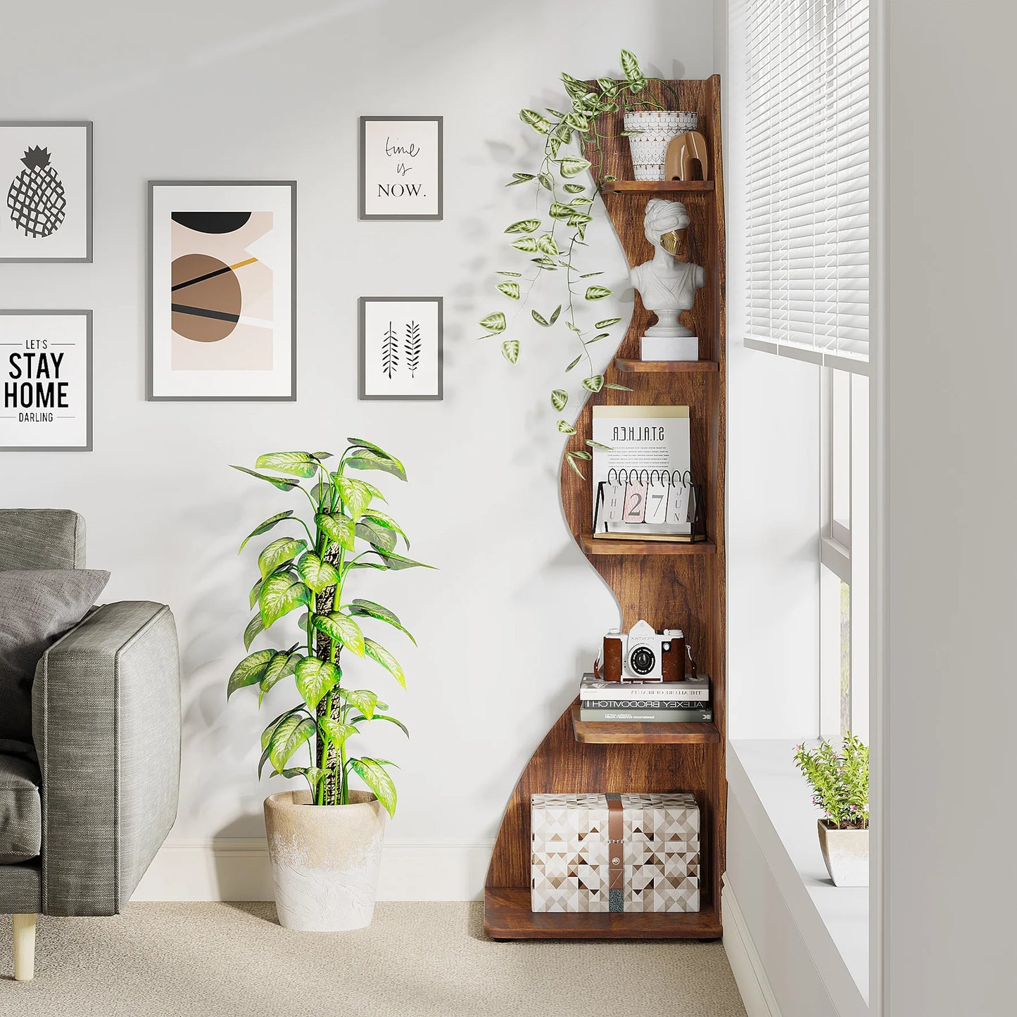 Corner Bookshelf - Modern 5-Tier Shelf | Stylish Wooden Storage Rack