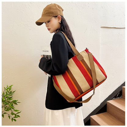 Striped Canvas Tote - Women's Crossbody Shoulder Bag With Zipper Closure, Versatile Daily Use