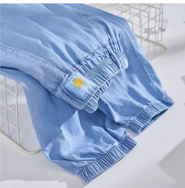 Plus Size Ice Silk Denim Pants Yoga Sports Thin Loose Style Women's Summer Casual Wide Leg Pants Harajuku Style Loose Waist