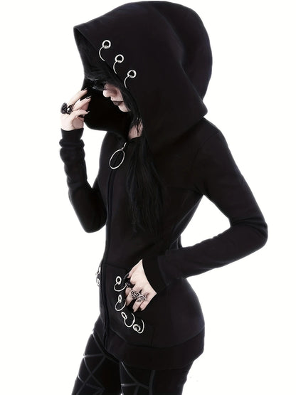 Gothic Punk Womens Full-Zip Hooded Sweatshirt - Allure-Enhancing Long Sleeves Timeless Solid Black, Fashion-Forward Design - Em