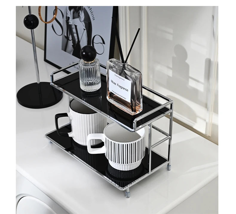 Metal Desk Organizer - Double Layer Desktop Storage Rack for Cup, Cosmetics & Bathroom