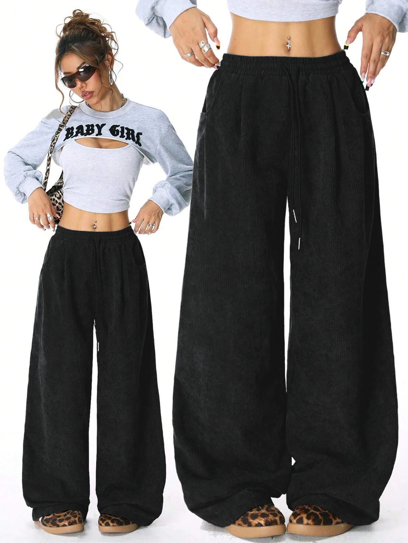 Women's Retro Corduroy Cargo Pants Casual Drawstring Straight Sports Pants Drape Daily Commuting Wide Leg Pants