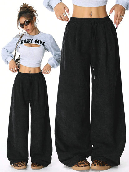 Women's Retro Corduroy Cargo Pants Casual Drawstring Straight Sports Pants Drape Daily Commuting Wide Leg Pants