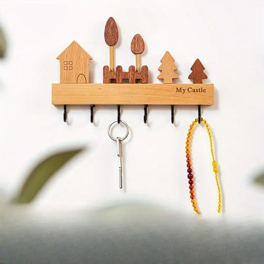 Charming Solid Wood Key Hook Rack - Punch-Free Wall Mount Storage For Keys, Coats & Towels - Perfect Home Decor Accessory