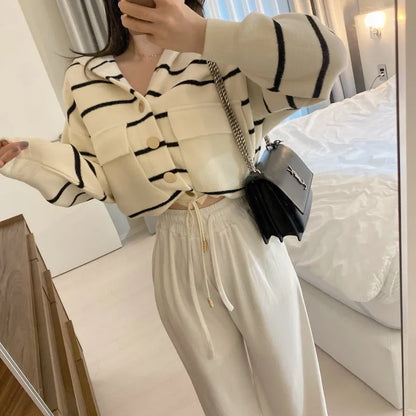 Loose Women's Knitted Cardigan Coat with Big Pockets Striped Splicing Drawstring Hem Single Buttoned Open Front Sweater