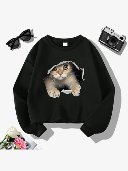 Women's Casual Heart Print Pullover Sweatshirt Geometric Design Long Sleeve Round Neck Machine Washable Regular Fit for Autum