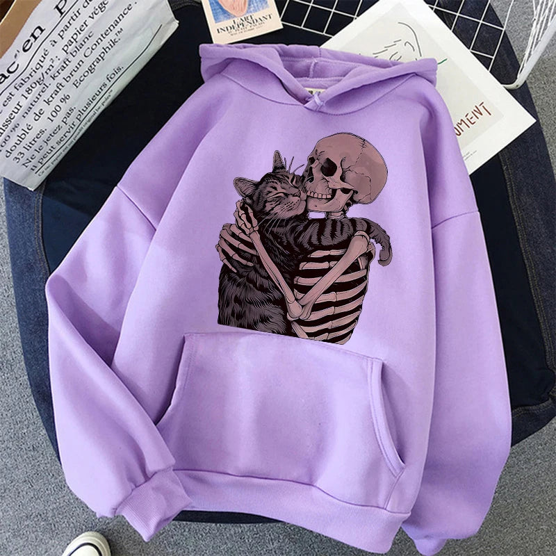 Halloween Skull and Cat Print Kangaroo Pocket Hoodies Fall Winter Long Sleeve Sweatshirt Unisex Funny Vintage Hooded 90s Clothes