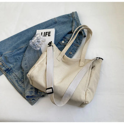 Corduroy Shoulder Bag - Large Capacity Crossbody Zipper Closure Purse