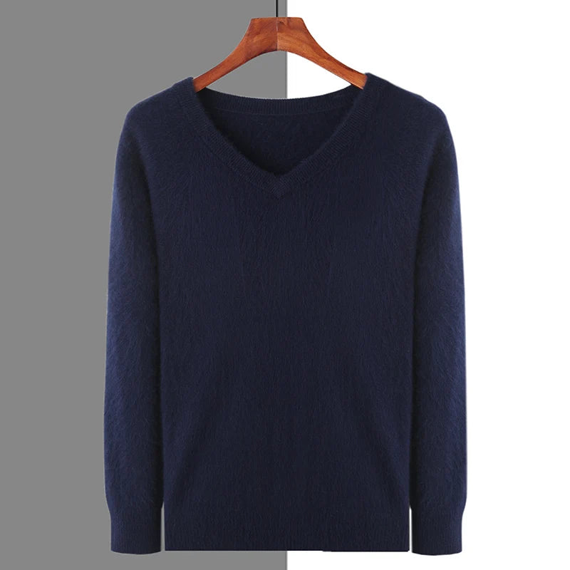 Men's 100% Pure Mink Cashmere Sweater V-neck Pullover Knit Bottoming Shirt Autumn And Winter New Long-Sleeve High-End Mink Tops
