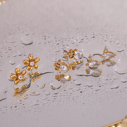 Mini Zircon Flower Crown Stud Earrings – 18K Gold-Plated Steel