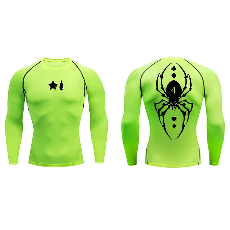 Compression Shirt Men - Spider Print Long Sleeve Gym Tee with Muscle Support