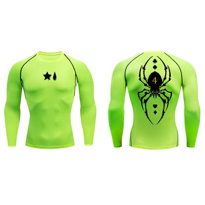Compression Shirt Men - Spider Print Long Sleeve Gym Tee with Muscle Support