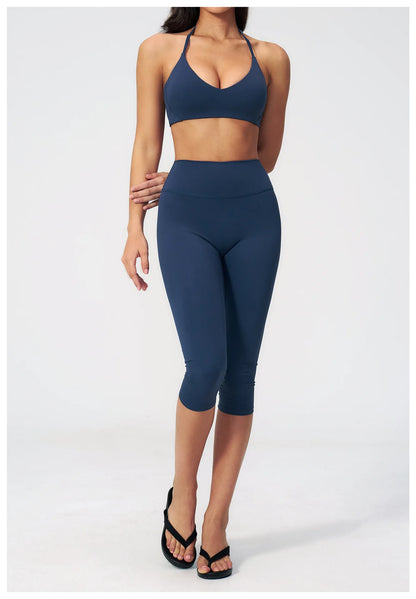 Women Tracksuit Yoga Set 2PCS Sports Set Short Sleeve Fitness Outfits Workout Clothes Running Capri Pants Gym Suit Athletic Wear