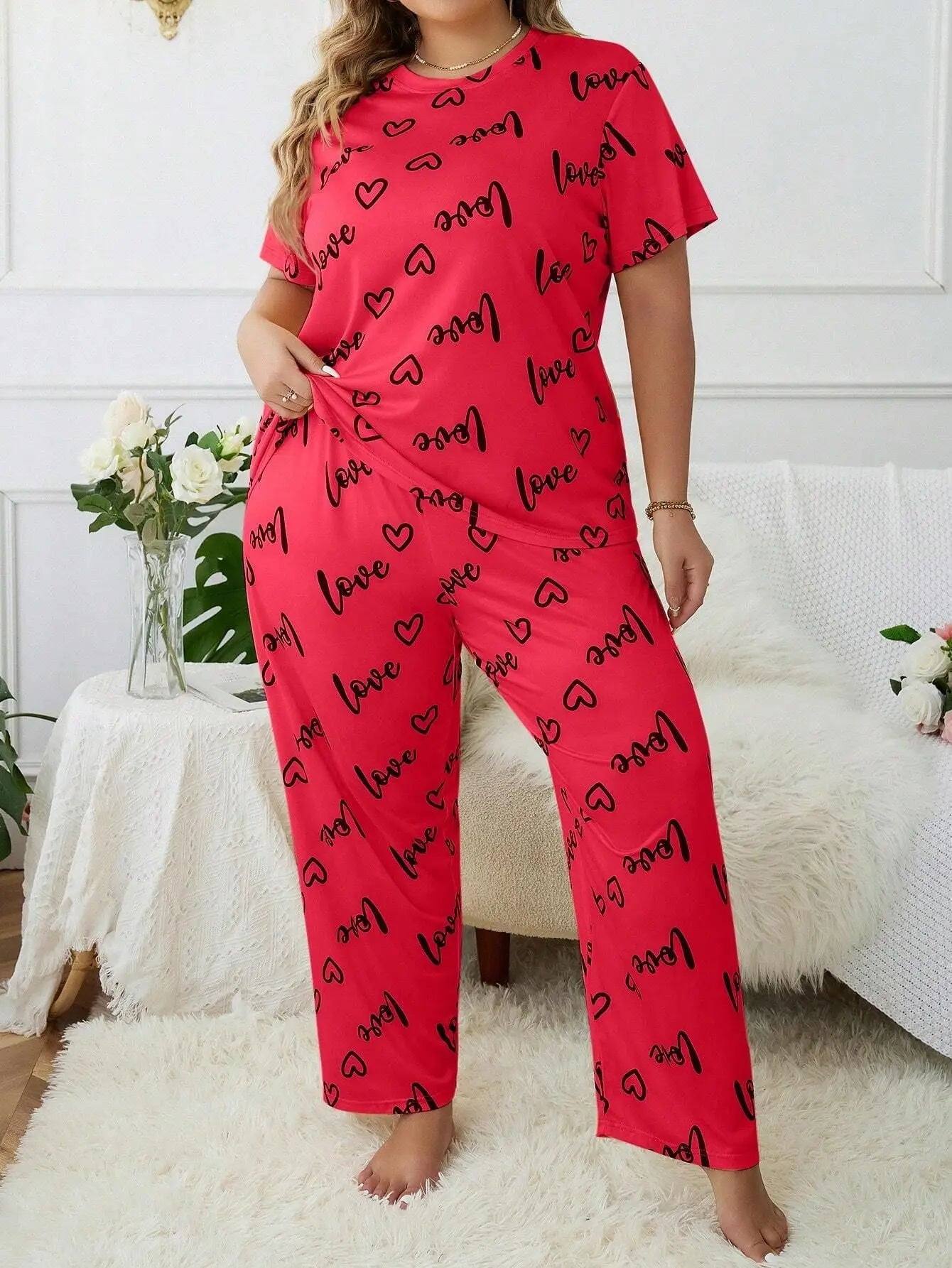 Women's Plus Size Sleepwear Heart Letters Print Pajama Set Casual Short-Sleeve Top and Pants Comfortable Relaxed Fit Loungewear