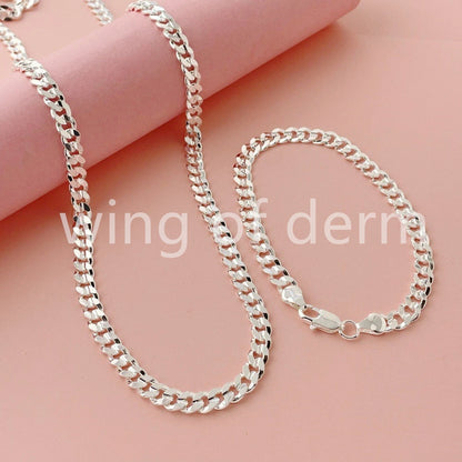 50-60cm 925 Sterling Silver 7mm Men's Cuban Sideways Necklace Bracelet Set Luxury Quality Jewelry Accessories