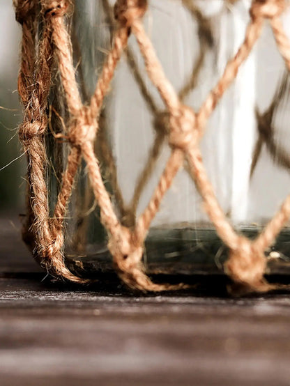 Hand Woven Hemp Rope Glass Vase - Boho Nordic Dry Flower Decor