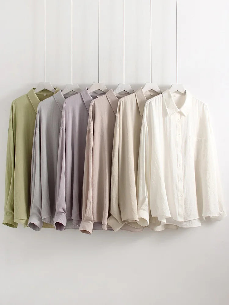Summer Blue Linen Shirts For Women Oversized Long Sleeve Tops Green Shirt Woman Work Basic Linen Tops Women White Shirts Ladies