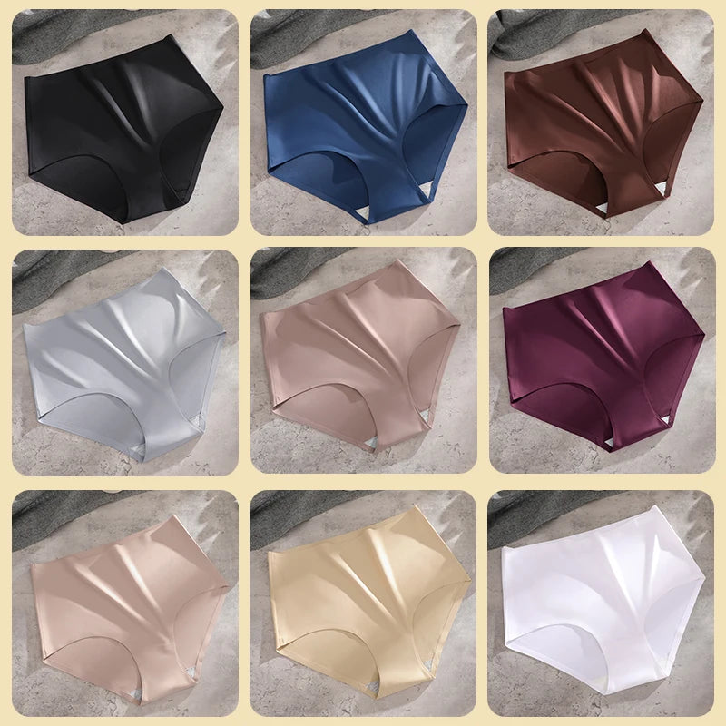 4PCS/SET Plus Size Underwear Women's Panties Ice Silk Solid Color Ladies Seamless Underpants High Waist Sexy Breathable Lingerie