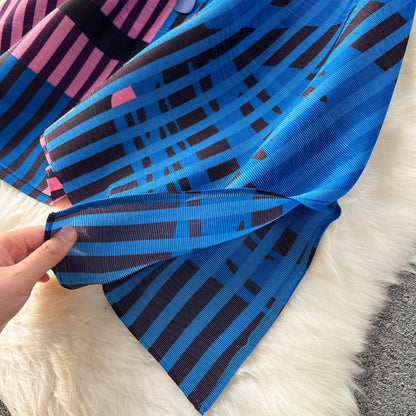 Miyake Pleated Drape Dress Women 2024 Spring Summer Colorblock Printing Lapel 3/4 Sleeve Single-breasted Fashion Shirt Dresses