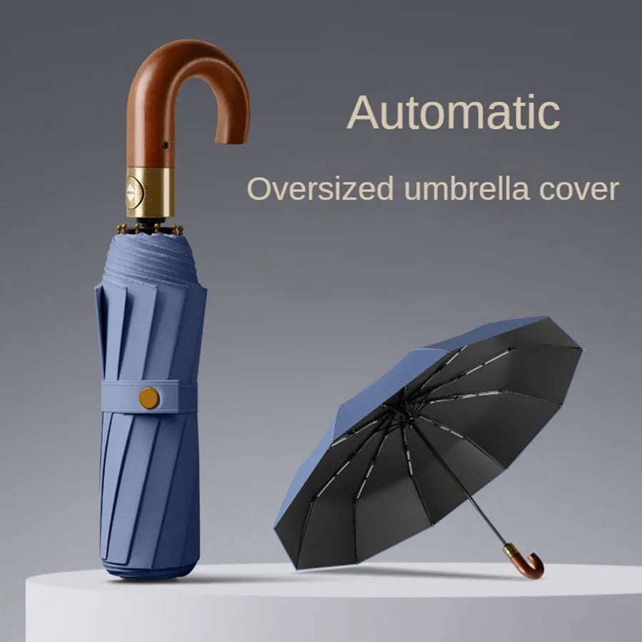 Windproof UV protection casual folding UPF50+automatic umbrella handle curved handle design, stylish design compact sun and rain