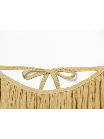 TFMLN Women Round Neck Pleated Sling Dresses Summer New Sleeveless Loose Fit Backless Solid Dress Fashion Holiday Casual Clothes
