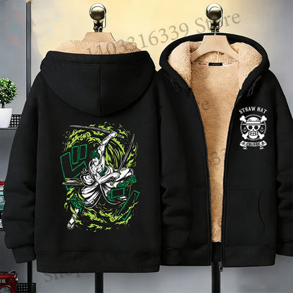 One Piece Man Thick Hooded Jacket Woman Winter Keep Warm Coat Anime Luffy Print Fleece Jacket Thermal Long Sleeve Hooded Clothes