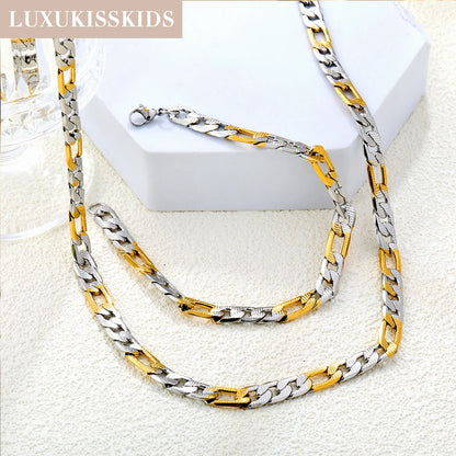 LUXUKISSKIDS Cuban Link Chain Necklaces Bracelets Set for Men/Woman 6/8/10mm Gold Color Stainless Steel Chain Punk Jewelry GIfts