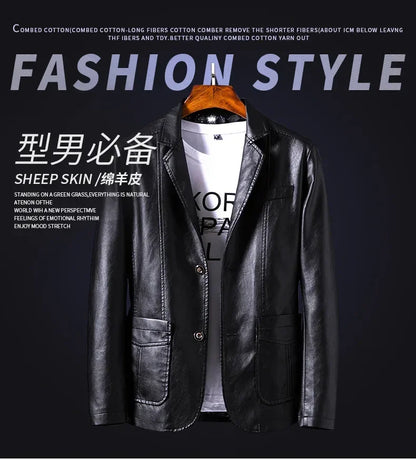 New Leather Jacket Men's Business Casual Lapel PU Leather Blazers Fashion Solid Slim Korean Style Leather Coat Big Size 6XL