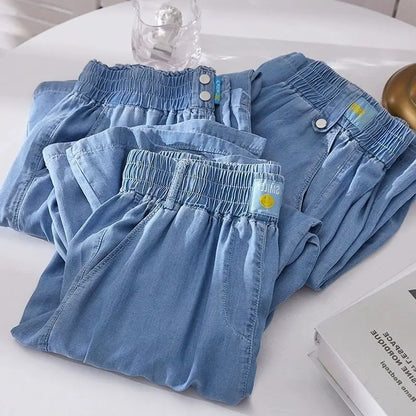 Spring Summer Ice Silk Wide Leg Jeans Loose Casual Pants Thin Lightweight Women's plus Size Elastic Waist Drapey Loose Fit