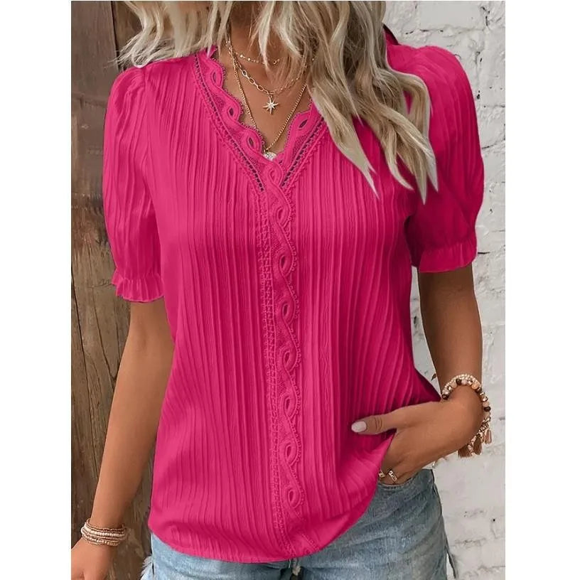 Women's Summer New Top Solid Sexy V-Neck Hollow Short Sleeve Shirt Fashion Splice Plus Size Blouse Loose Street Apparel